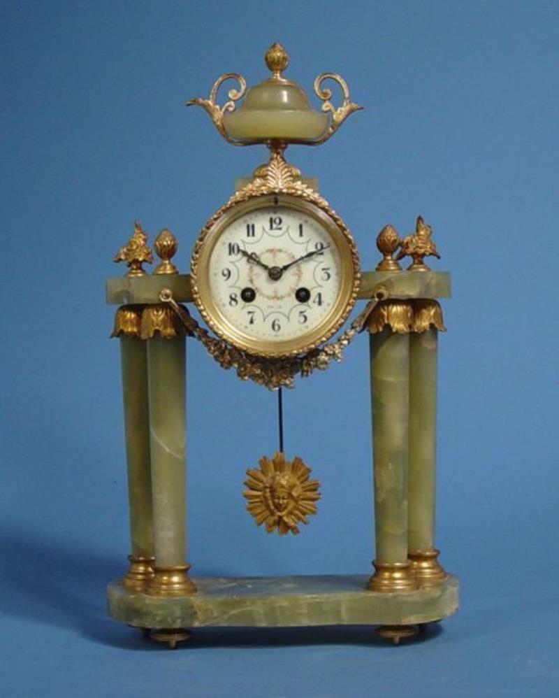 A D Mougin Green Onyx Portico Mantel Clock