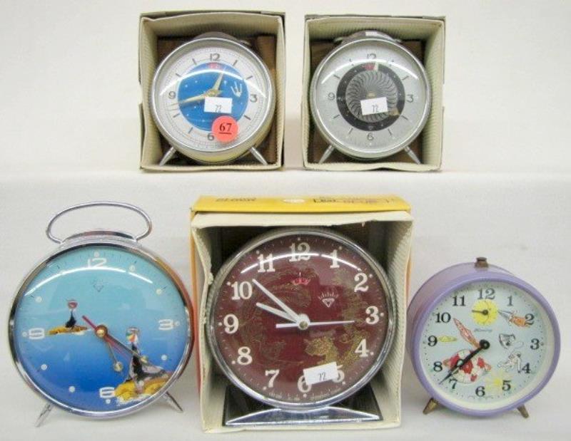 Group of 5 Contemporary Keywind Alarm Clocks