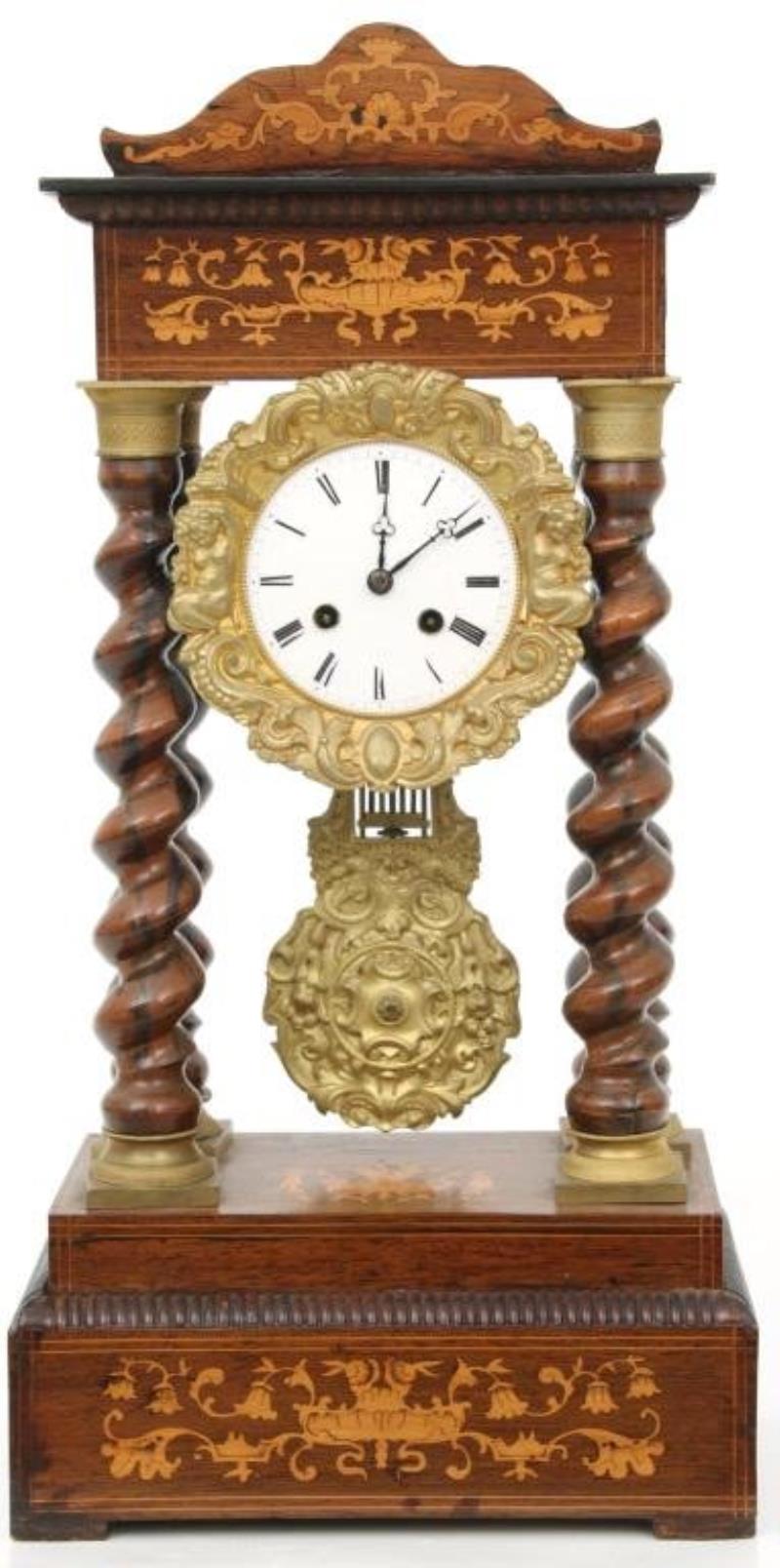 French Inlaid Mahogany Portico Clock