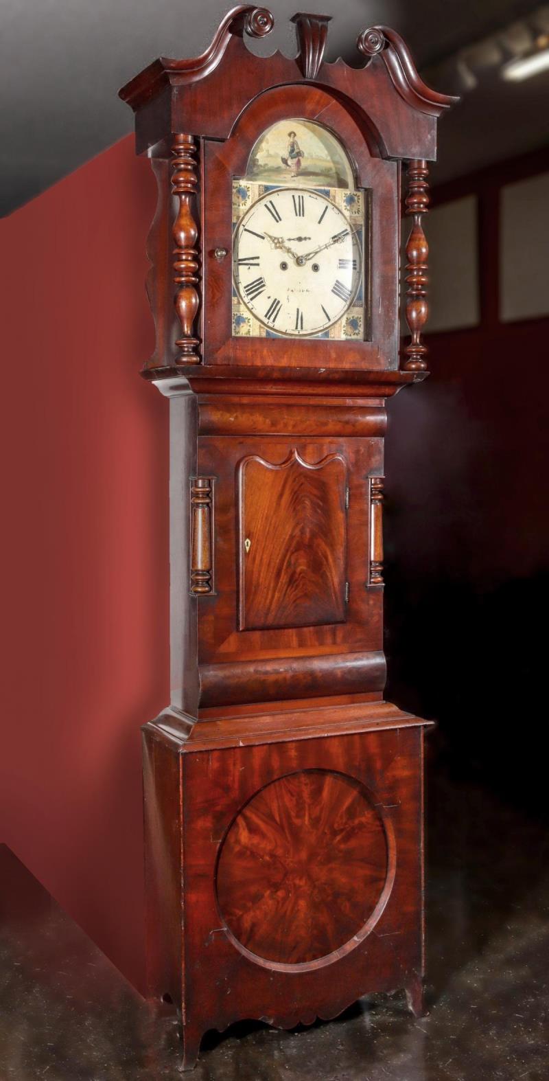 AN EARLY 19TH C. GEORGIAN MAHOGANY YORKSHIRE TALL CLOCK