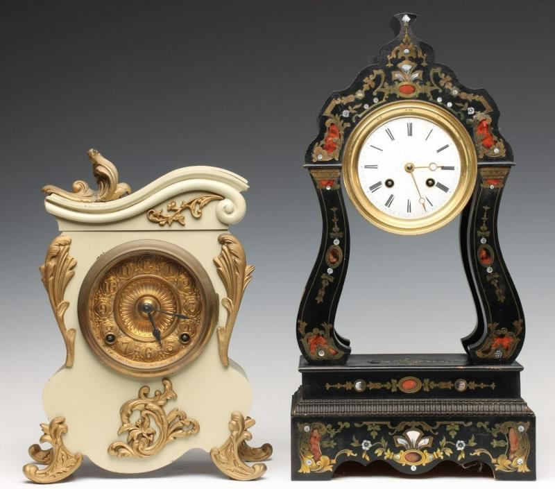 ANSONIA PAINTED IRON CASE AND FRENCH BOULLE CASE CLOCKS