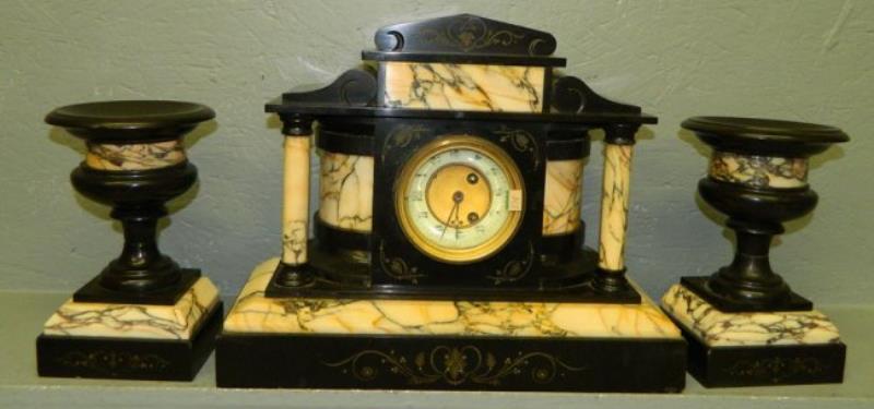 Marble 8 day clock w/two companion pieces.