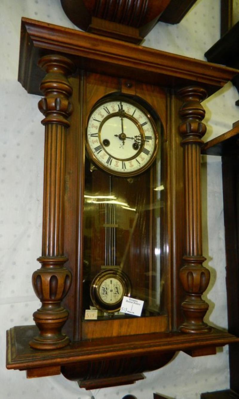 Mahogany case 8 day wall clock w/porcelain dial