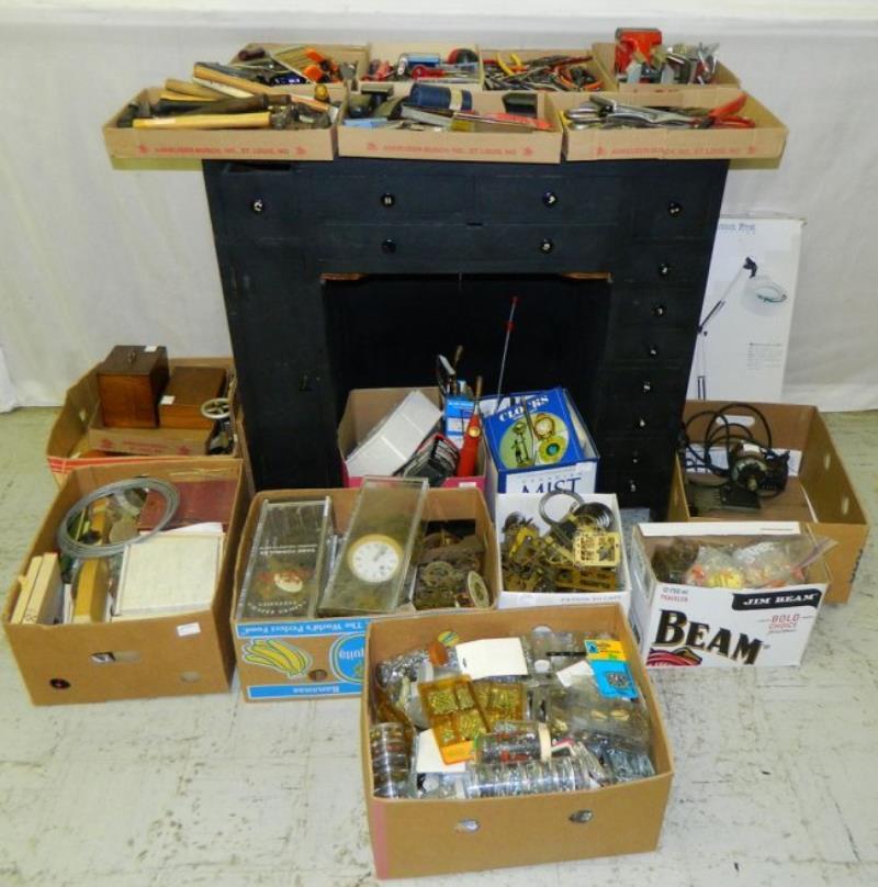 Clockmakers’ bench and tools.