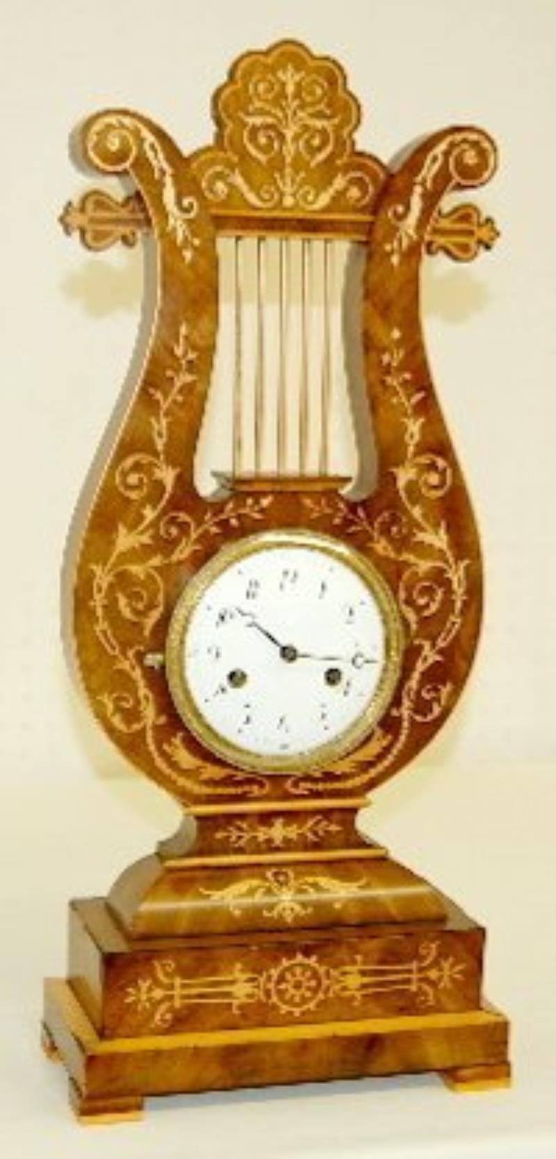 Inlaid Wood Lyre Mantel clock, T & S