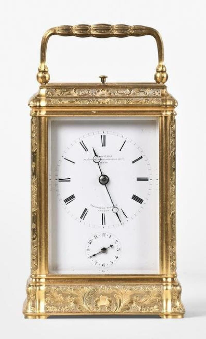 A good late 19th century quarter repeating carriage clock with engraved gorge case signed Leroy