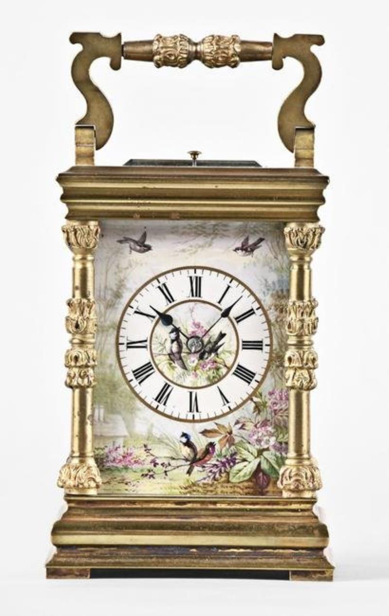 A late 19th century French carriage clock with polychrome enamel dial