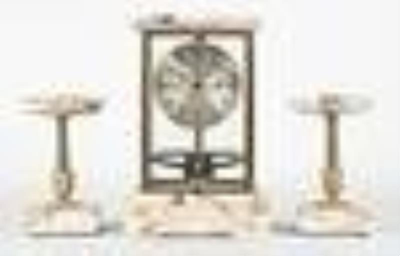 A good early 20th century three piece Bulle mantel clock garniture