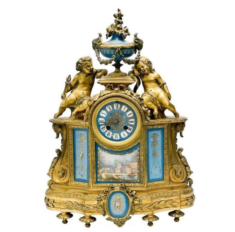 Sevres Style French Gilt Bronze Putti & Porcelain Mounted Plaques Mantel Clock