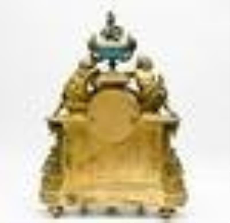Sevres Style French Gilt Bronze Putti & Porcelain Mounted Plaques Mantel Clock