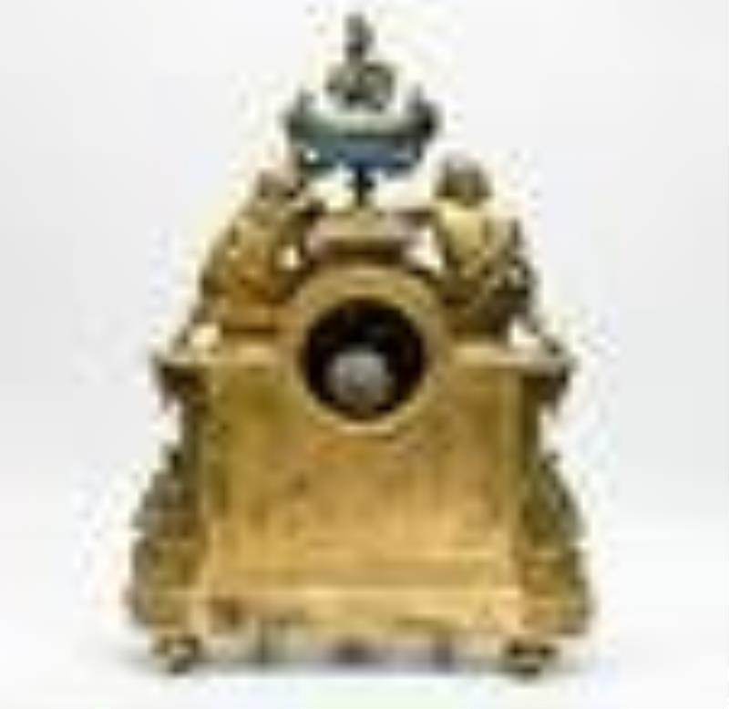 Sevres Style French Gilt Bronze Putti & Porcelain Mounted Plaques Mantel Clock
