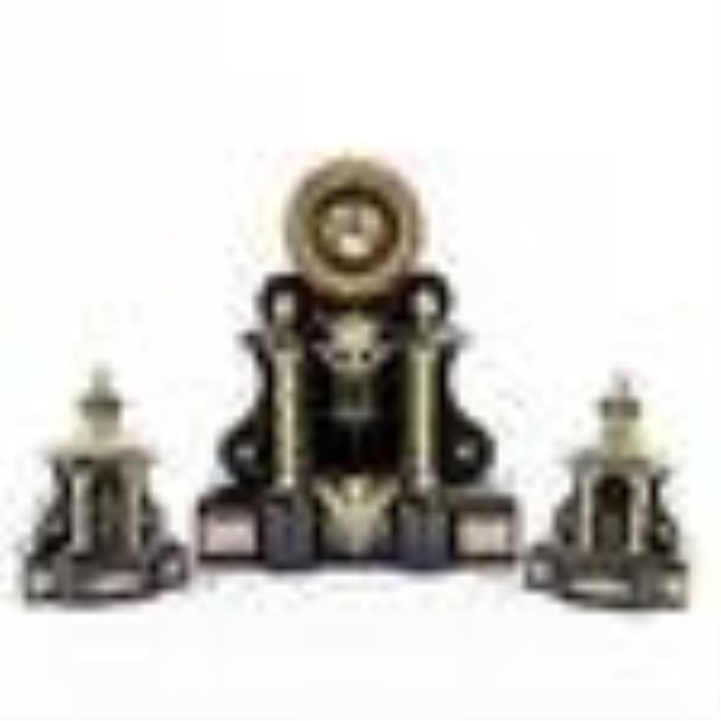 French Parlor Black Marble Clock w (2) Side Pieces