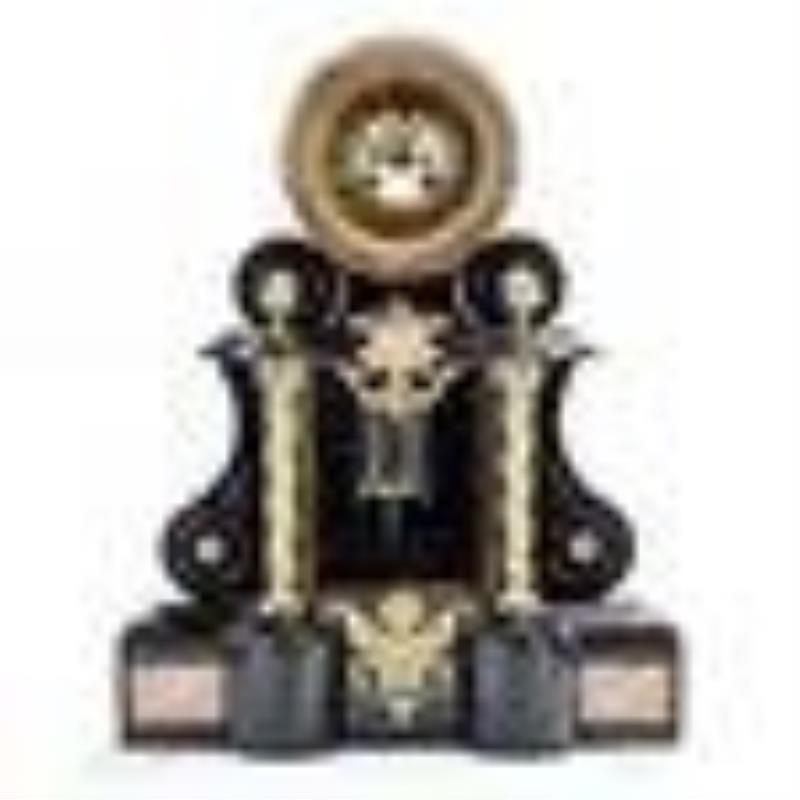 French Parlor Black Marble Clock w (2) Side Pieces