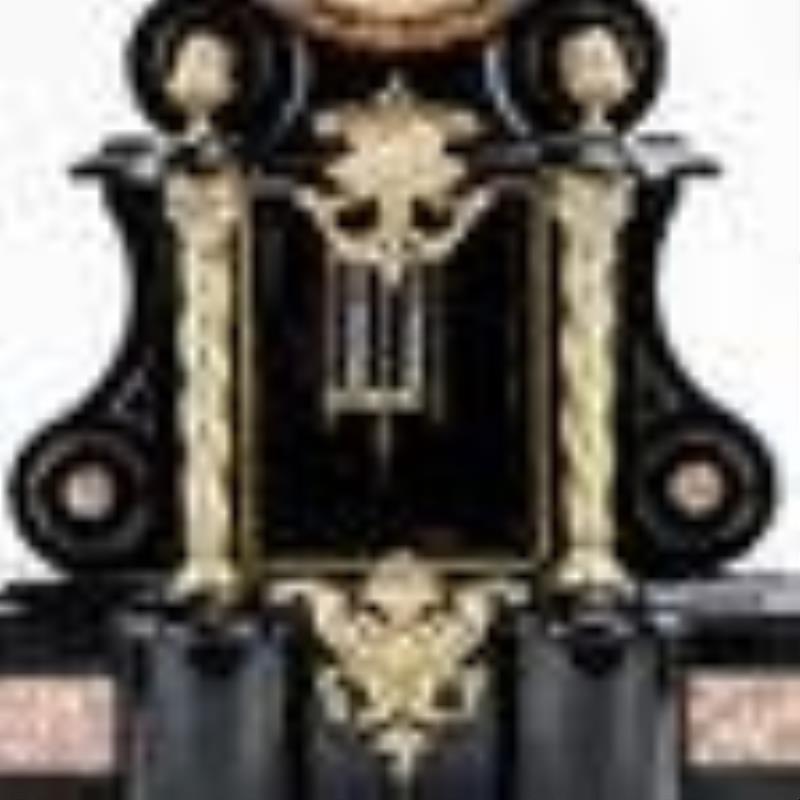 French Parlor Black Marble Clock w (2) Side Pieces