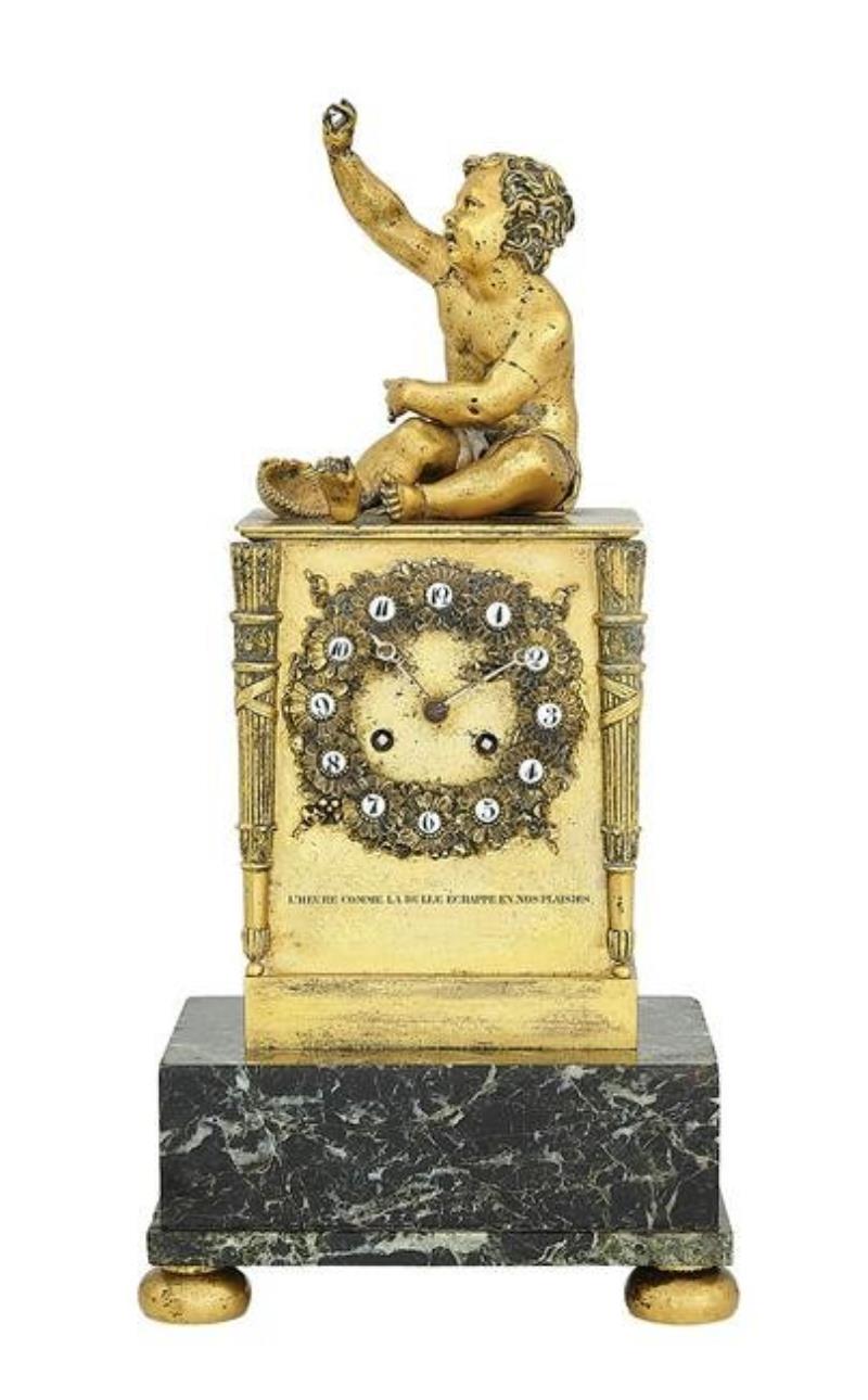 French Empire Bronze and Marble Figural Clock