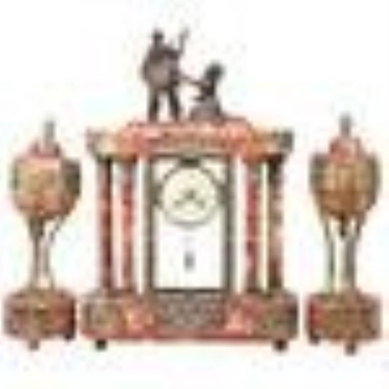 3 Pc Bronze, Champleve, & Marble French Clock Set