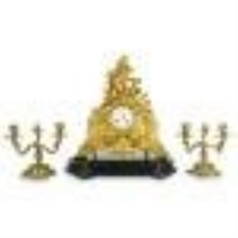 (3Pc) French Empire Gilt Bronze Clock & Garniture Set
