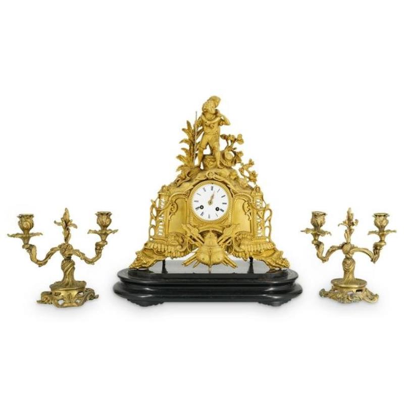 (3Pc) French Empire Gilt Bronze Clock & Garniture Set