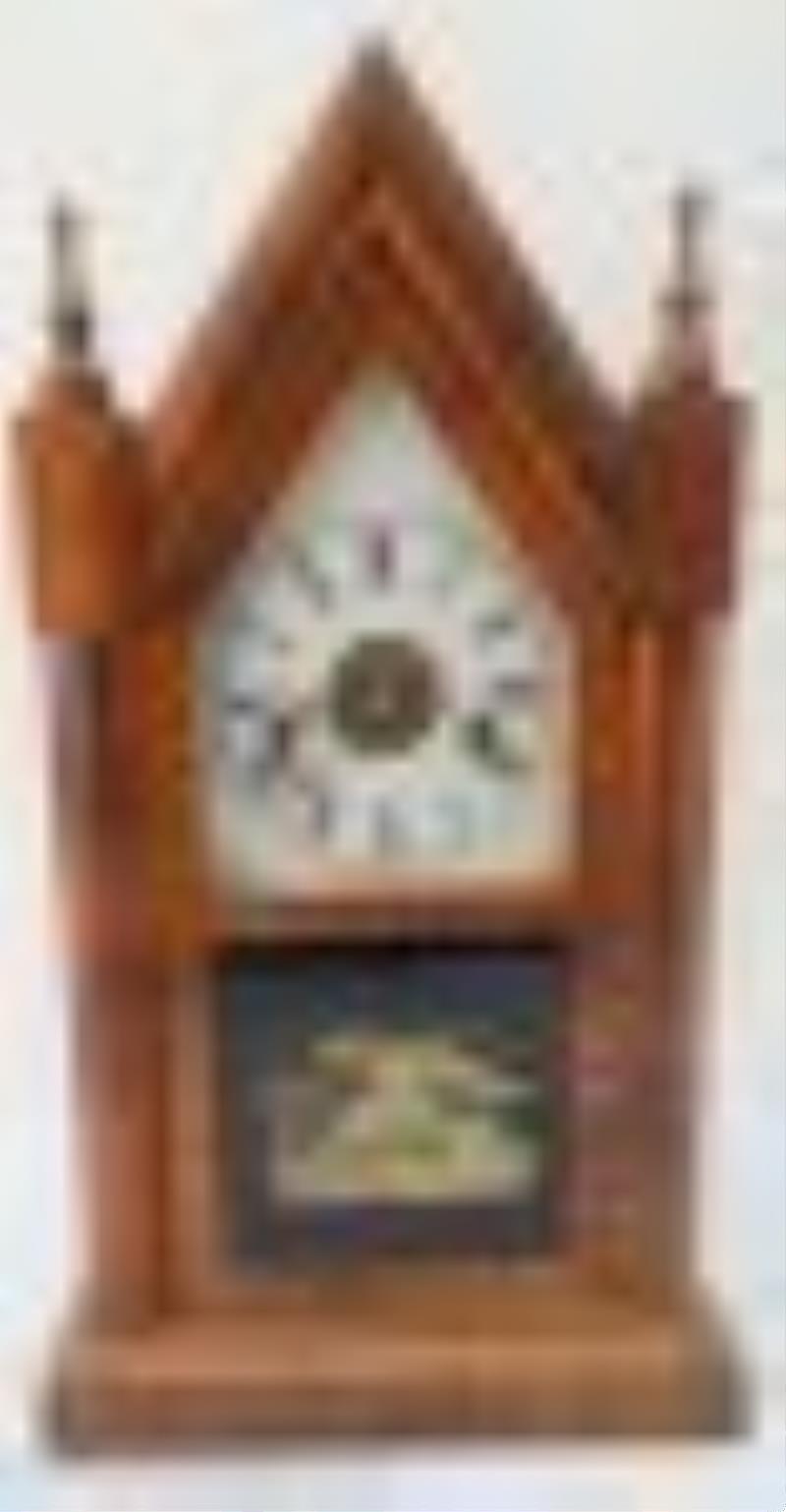 Antique Ansonia Steeple Clock Eagle Reverse Painted Glass