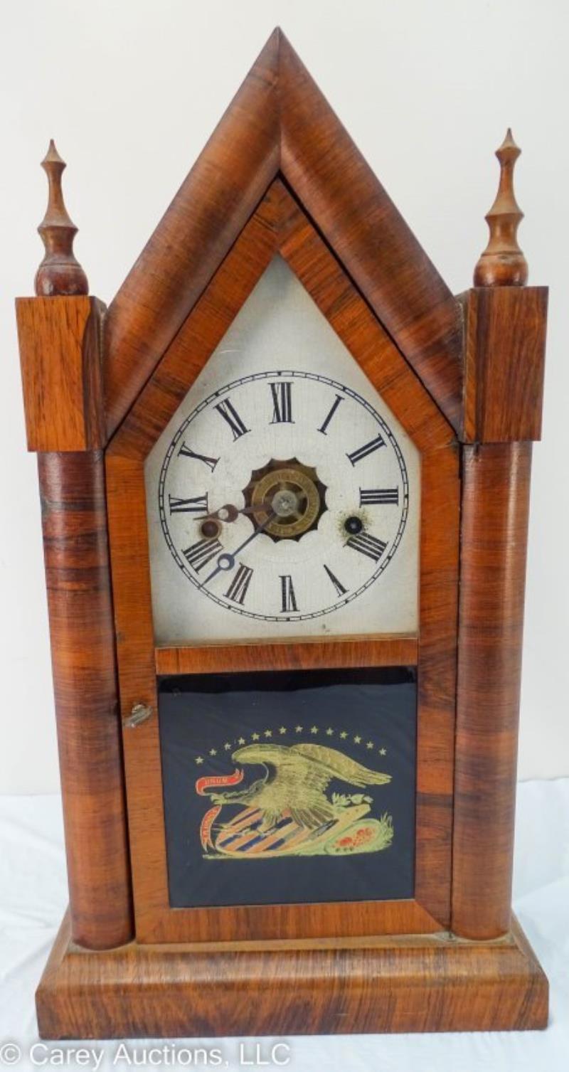 Antique Ansonia Steeple Clock Eagle Reverse Painted Glass