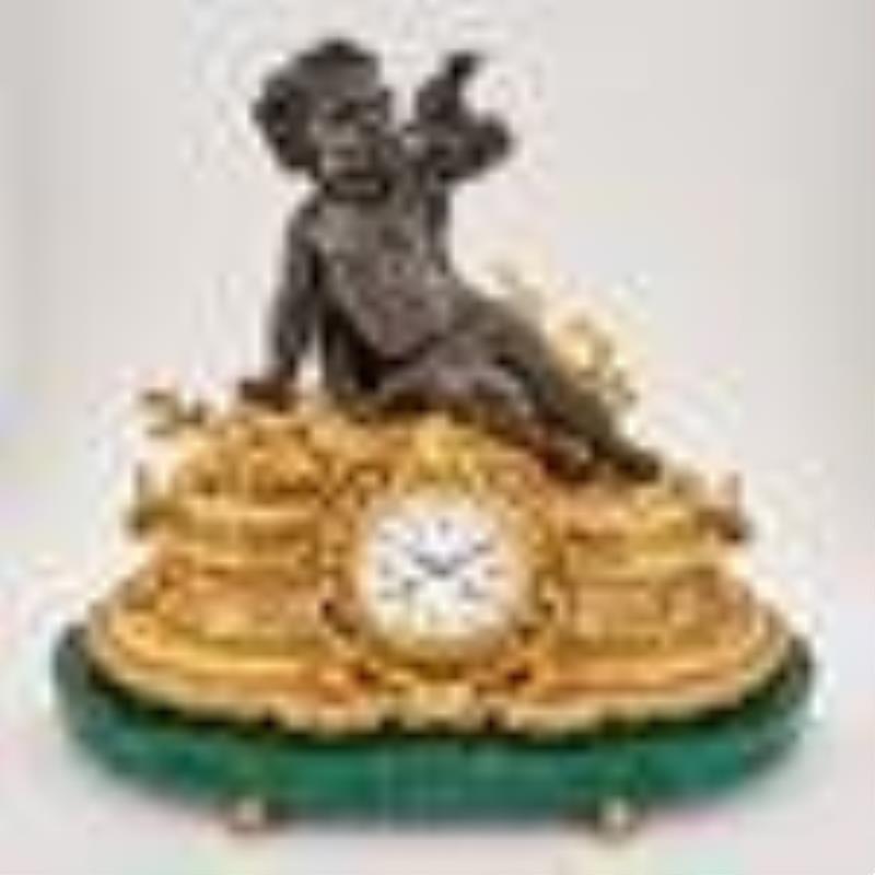 Continental Neoclassical Style Gilt and Patinated Bronze and Malachite Mantel Clock