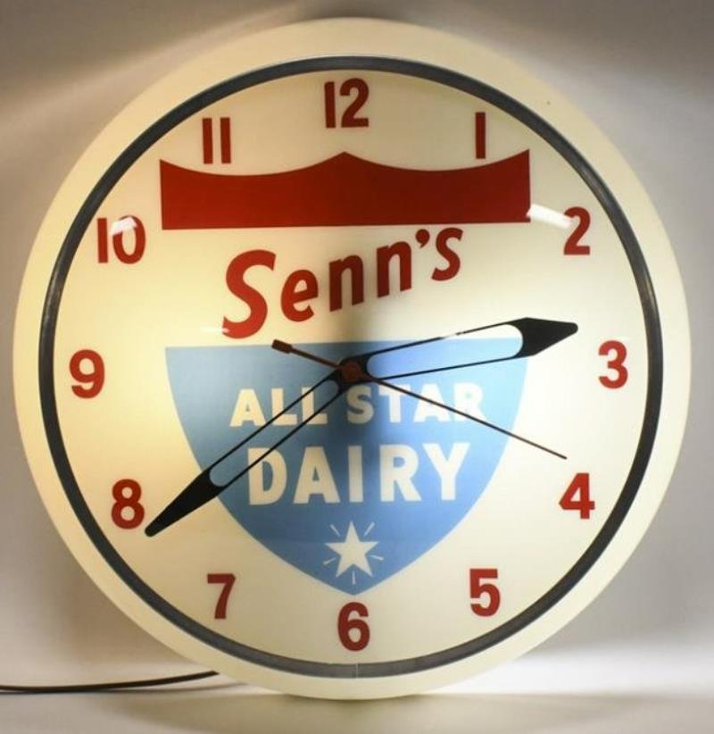 Vintage Senn's All Star Dairy Lighted Adv Clock