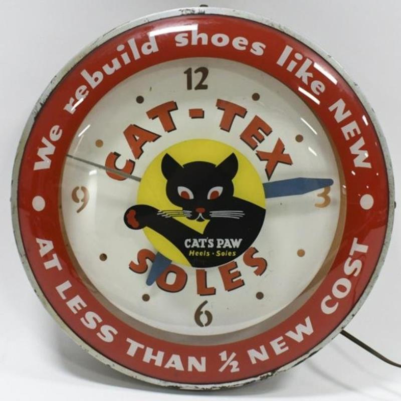 Vtg Cat's Paw Cat-Tex Soles Lighted Adv Clock