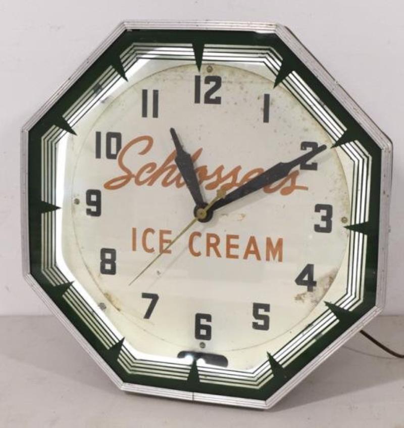 Vintage Schlosser's Ice Cream Neon NPI Adv Clock