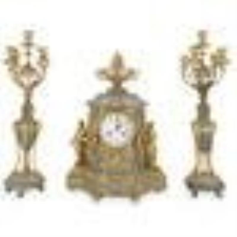 (3Pc) Antique French Marble & Gilt Garniture Clock