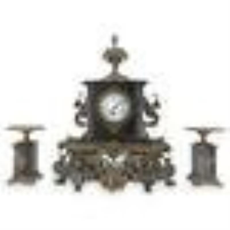 (3 Pc) Antique Brass and Marble Mantle Clock Set