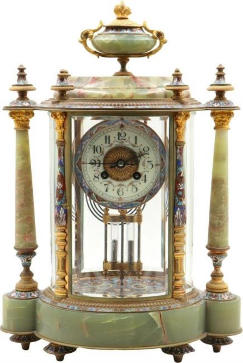 Antique Tiffany & Co. Marti Champleve & Onyx Mantel Clock