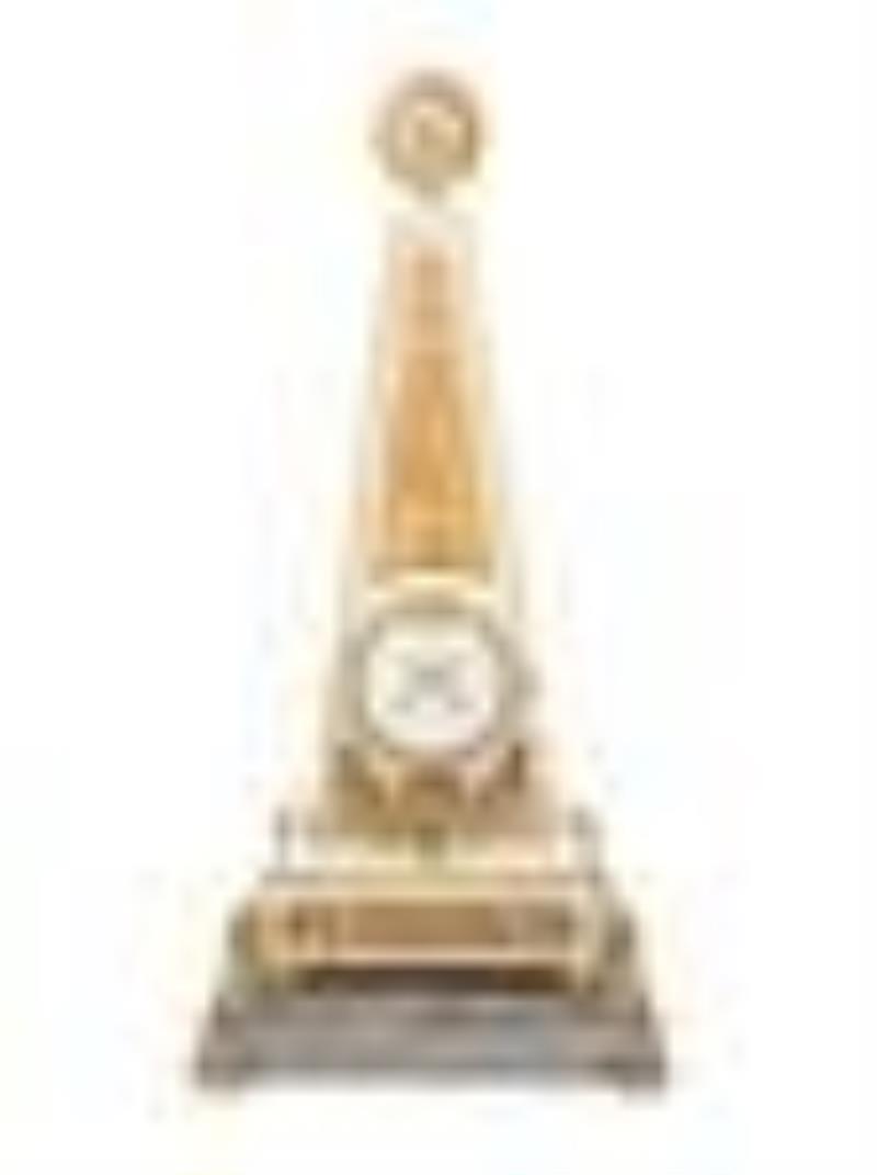 A Late Louis XVI or Directoire Gilt Bronze and Marble Obelisk Clock and Stand