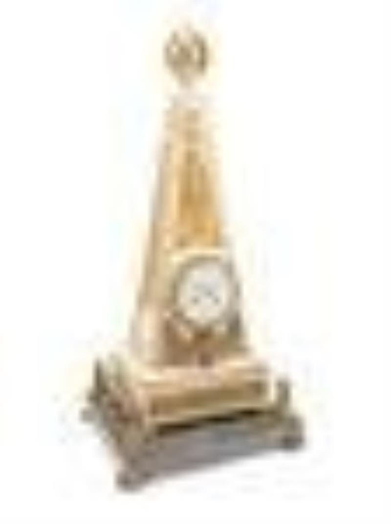 A Late Louis XVI or Directoire Gilt Bronze and Marble Obelisk Clock and Stand