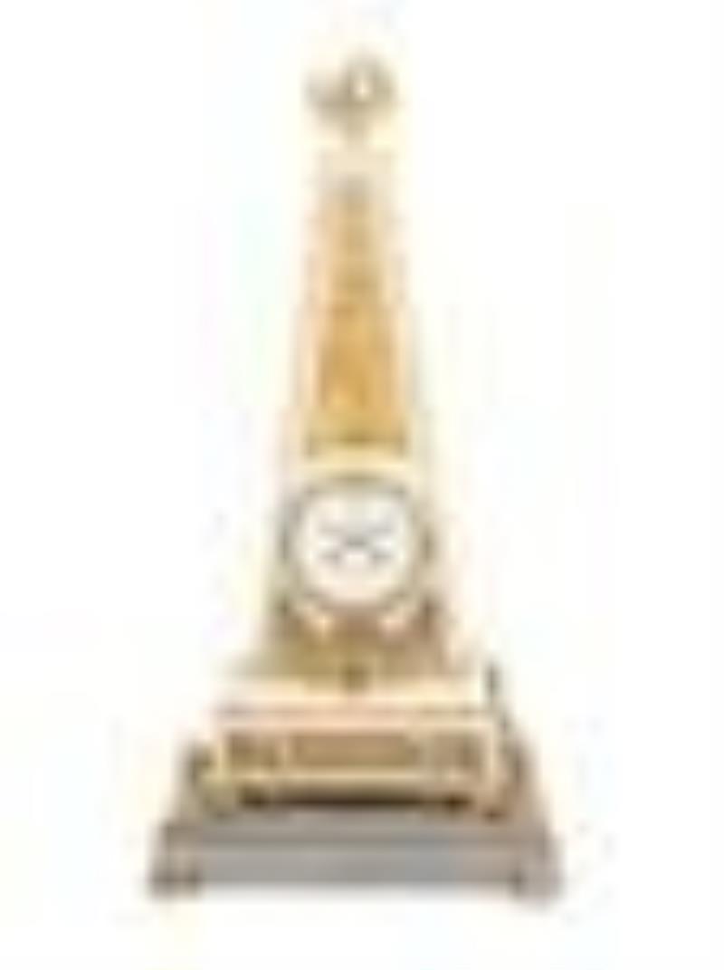 A Late Louis XVI or Directoire Gilt Bronze and Marble Obelisk Clock and Stand