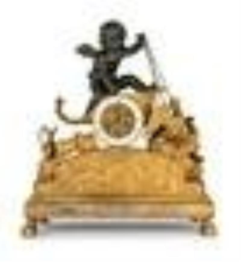 A Large Empire Ormolu and Green Patinated Bronze Figural Clock