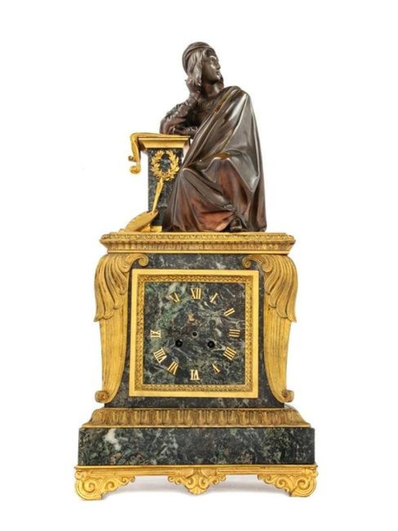A Louis Philippe Verde Antico Marble, Gilt and Patinated Bronze Figural Mantel Clock