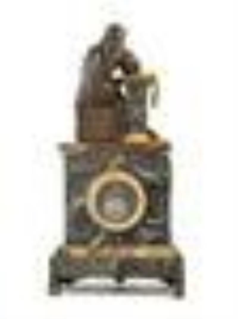 A Louis Philippe Verde Antico Marble, Gilt and Patinated Bronze Figural Mantel Clock