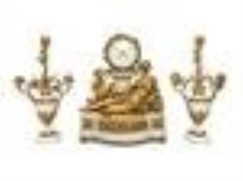 A French Gilt Bronze and Marble Clock Garniture