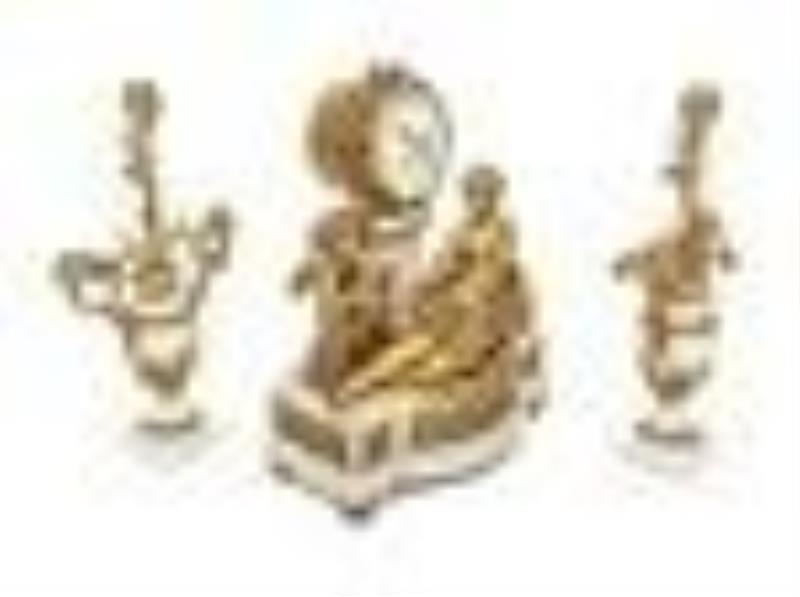 A French Gilt Bronze and Marble Clock Garniture