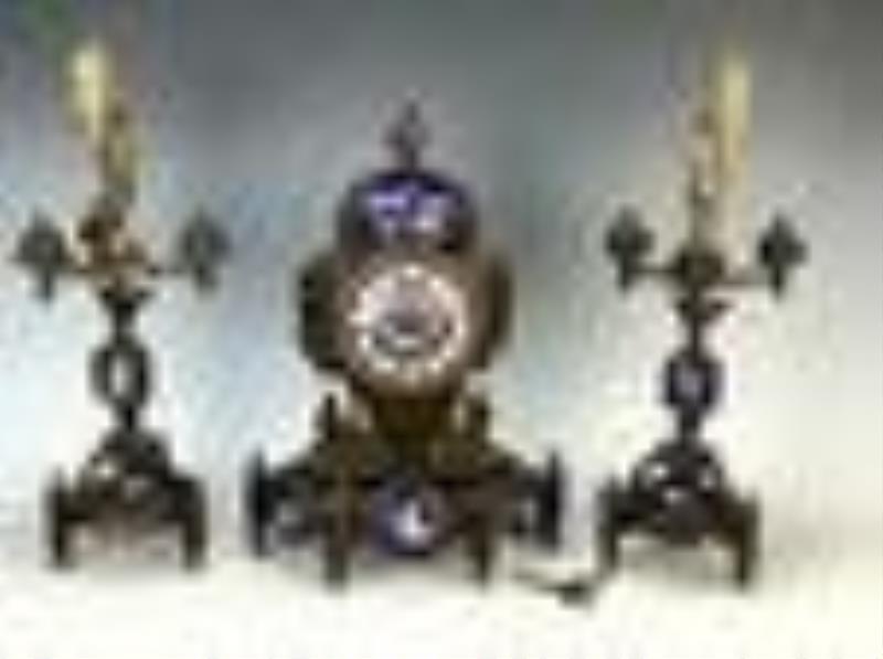 Patinated Metal & Enamel 3pc. Clock Garniture