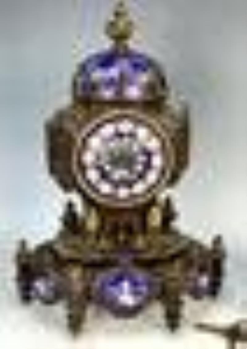 Patinated Metal & Enamel 3pc. Clock Garniture