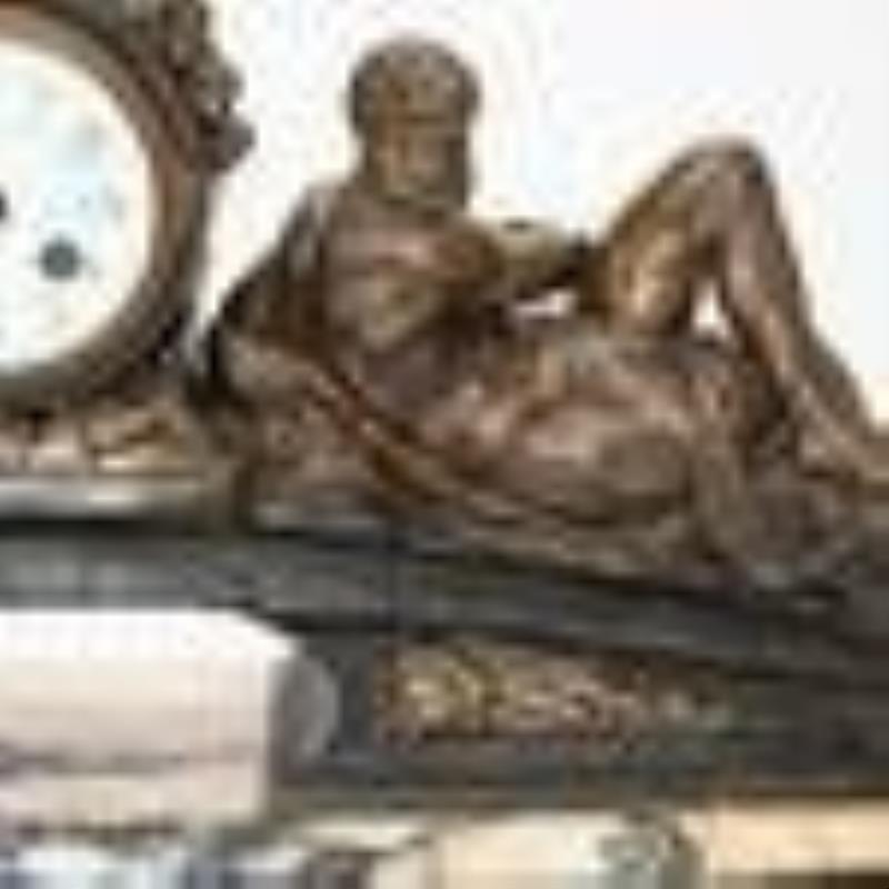 19th C. French Mantle Clock (Made in Paris, France) with Nude Spelter Figures, C. 1880
