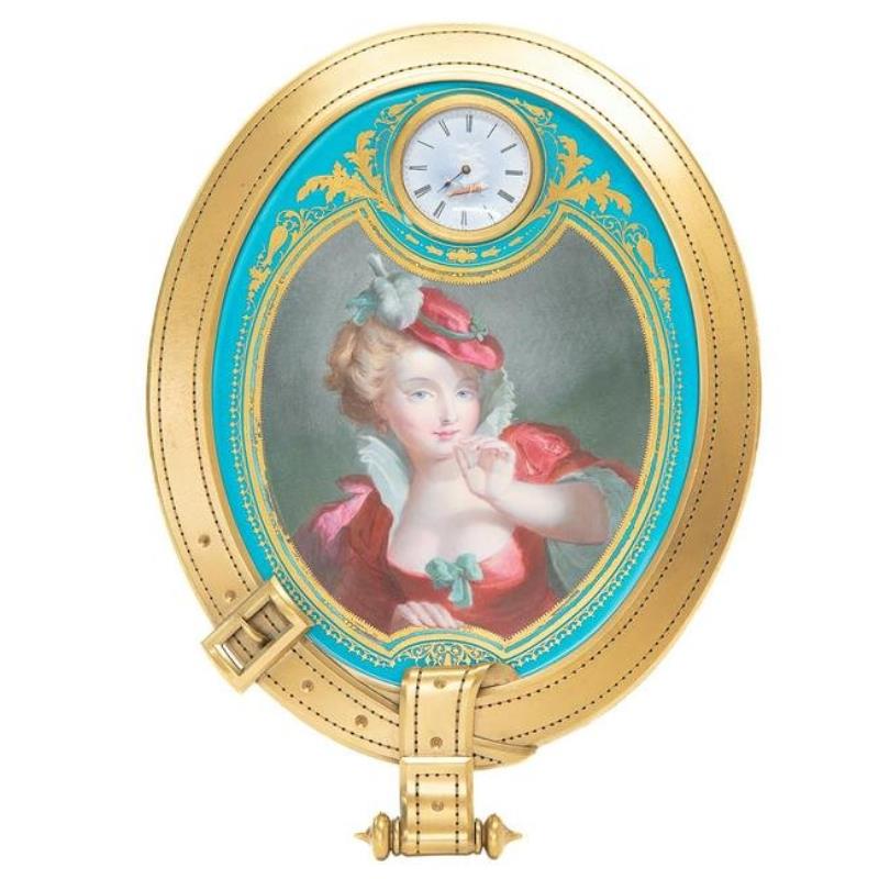 19th C. Gilt Framed Hand Painted Porcelain Plaque with Clock on Top and Frame in Shape of a Belt, C.