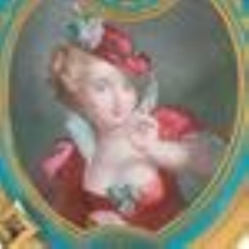 19th C. Gilt Framed Hand Painted Porcelain Plaque with Clock on Top and Frame in Shape of a Belt, C.