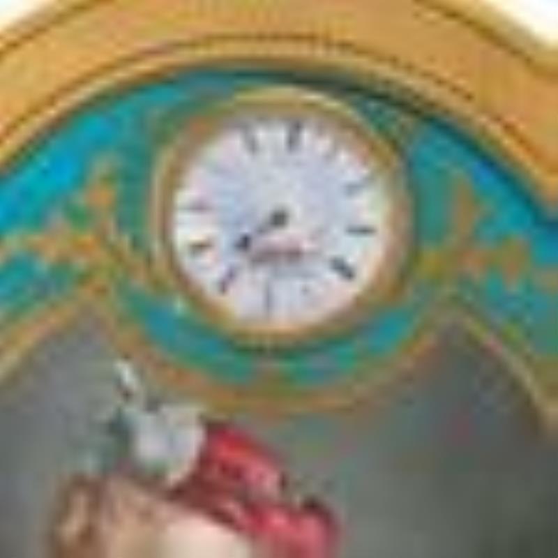 19th C. Gilt Framed Hand Painted Porcelain Plaque with Clock on Top and Frame in Shape of a Belt, C.