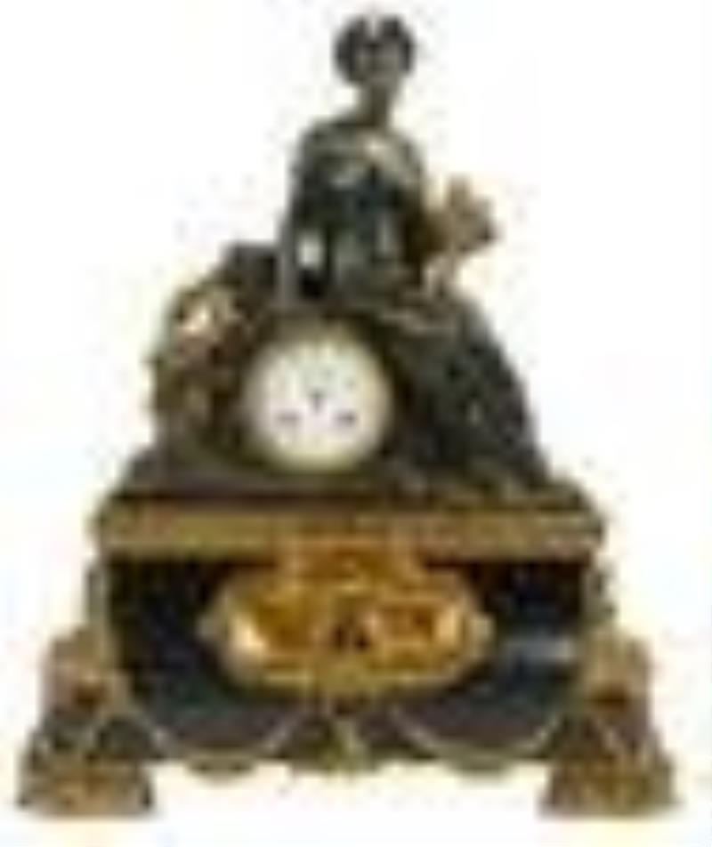 French Patinated and Gilt Bronze Figural Mantle Clock