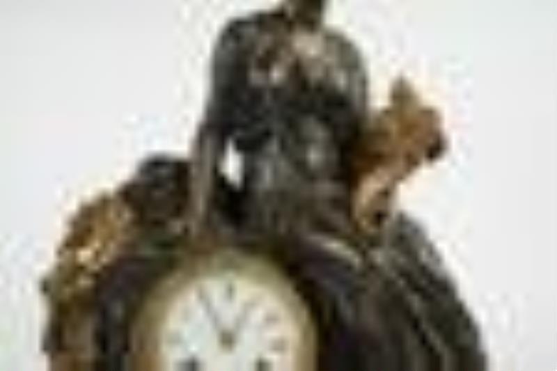 French Patinated and Gilt Bronze Figural Mantle Clock