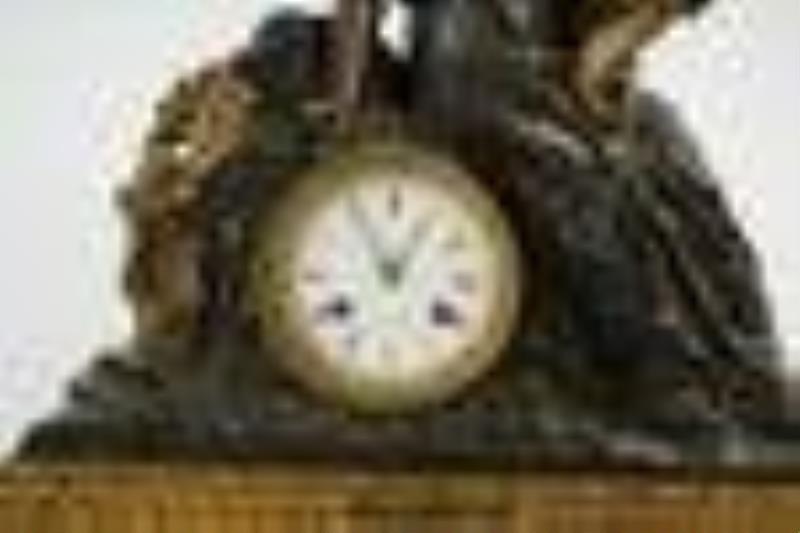French Patinated and Gilt Bronze Figural Mantle Clock
