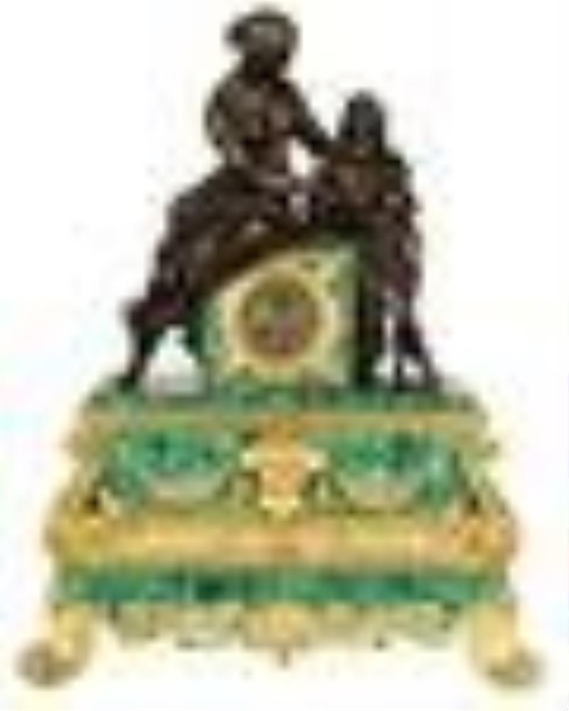 Charles X Malachite & Gilt Bronze Figural Mantle Clock