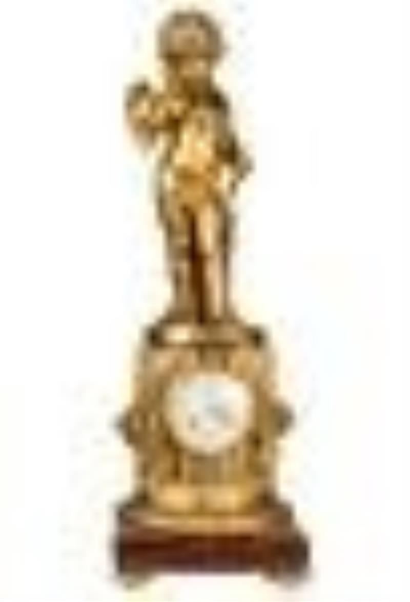French Gilt Bronze and Rouge Marble Figural Clock